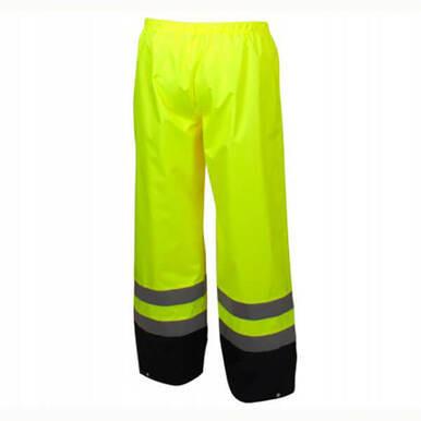 The Pyramex Premium Hi-vis Rainwear Pants by Pyramex Safety come in a bright yellow color and include waterproof pants featuring reflective gray and black stripes around the lower legs. An elastic waistband ensures comfort while enhancing visibility, making these pants ideal for safety or work settings.