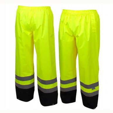 Two pairs of Pyramex Premium Hi-vis Rainwear Pants by Pyramex Safety in bright yellow with reflective stripes near the bottom. These waterproof pants have elastic waistbands and black sections at the ankles, displayed on a white background.