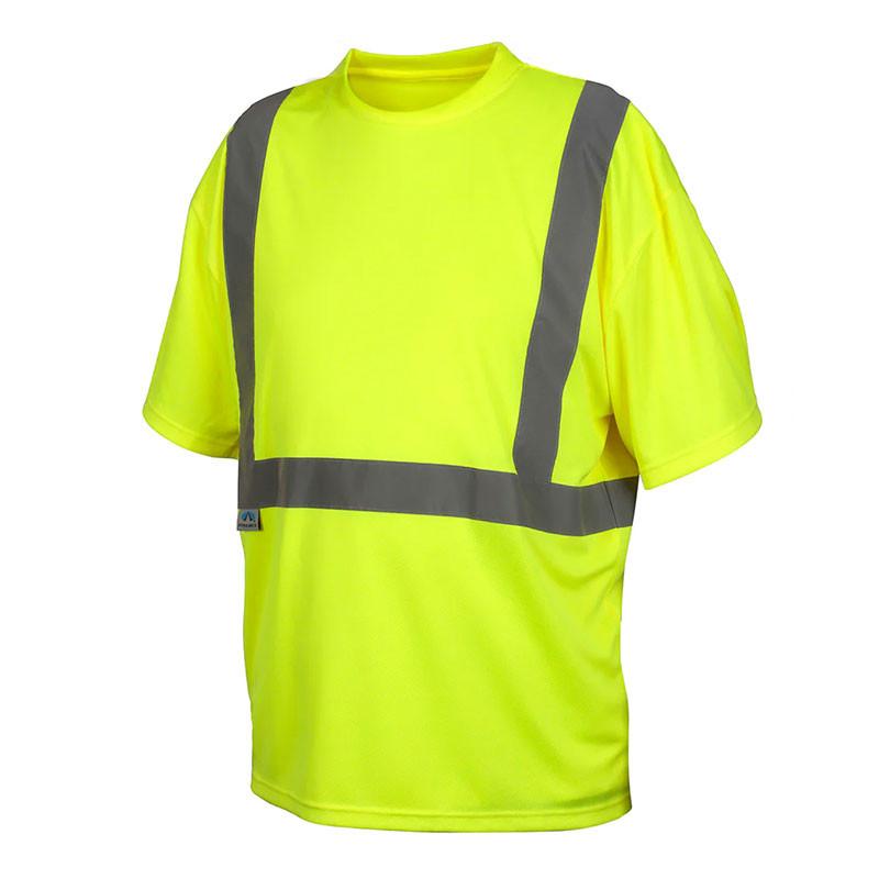 The Pyramex Safety RTS21NP Series T-Shirt is a hi-vis lime shirt with bright yellow coloring, featuring gray reflective stripes across the chest and shoulders. This short-sleeved design wicks moisture for comfort and safety, meeting ANSI Type R Class 2 standards for enhanced visibility.