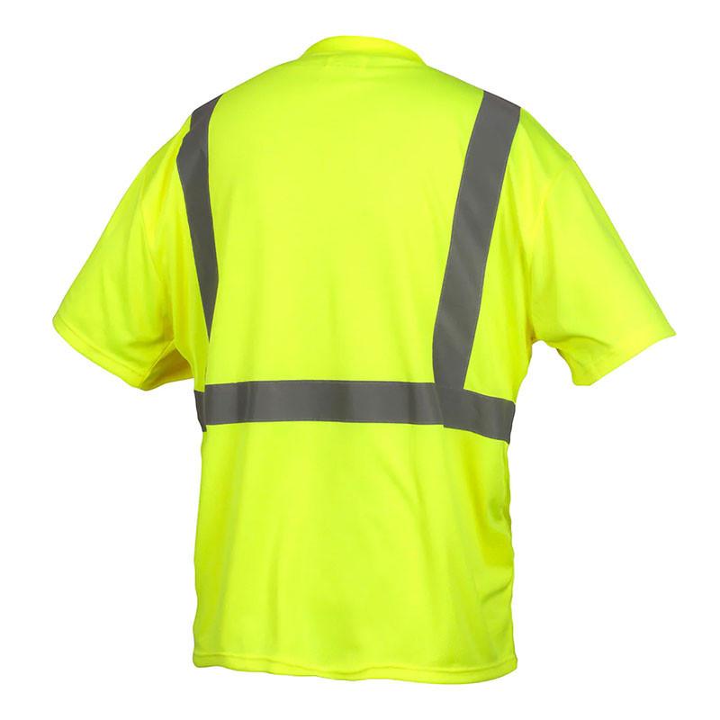 The Pyramex Safety RTS21NP Series T-Shirt in bright yellow Hi-Vis Lime boasts gray reflective stripes forming a V-shape on the back and a horizontal stripe around the waist, all designed for maximum visibility. This moisture-wicking t-shirt adheres to ANSI Type R Class 2 standards, ensuring both safety and comfort.