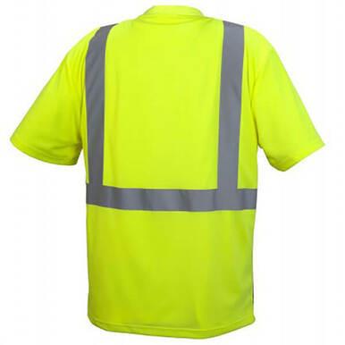 The Pyramex RTS21B Series Hi-Vis - Black Bottom T-Shirt by Pyramex Safety features gray reflective stripes on the back and shoulders for maximum visibility. This fluorescent yellow-green, moisture-wicking T-shirt ensures comfort against a plain background while you work hard.