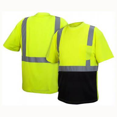 The Pyramex RTS21B Series Hi-Vis shirts by Pyramex Safety are short-sleeved and feature bright yellow with reflective gray stripes. They have a black lower front and a full yellow and gray pattern on the back, offering moisture-wicking technology for enhanced comfort.