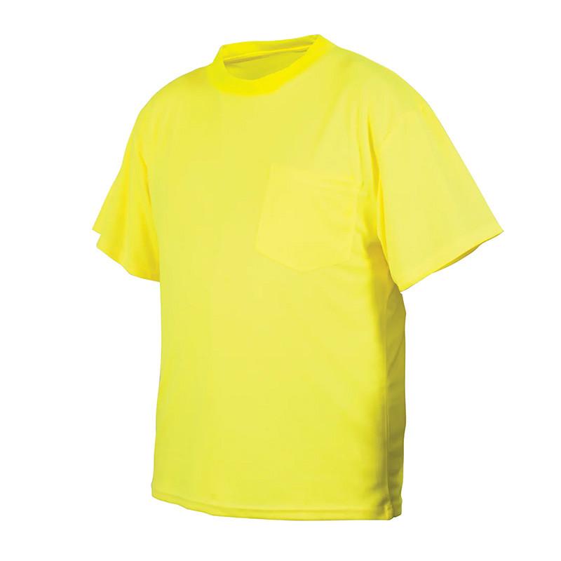 The Pyramex RTS21N Series T-Shirt by Pyramex Safety is featured in a vibrant yellow shade, featuring moisture-wicking fabric. It includes a round neckline and a small pocket on the left side. The material looks smooth and lightweight, making it ideal for casual wear. The shirt is displayed against a plain white background in the image.