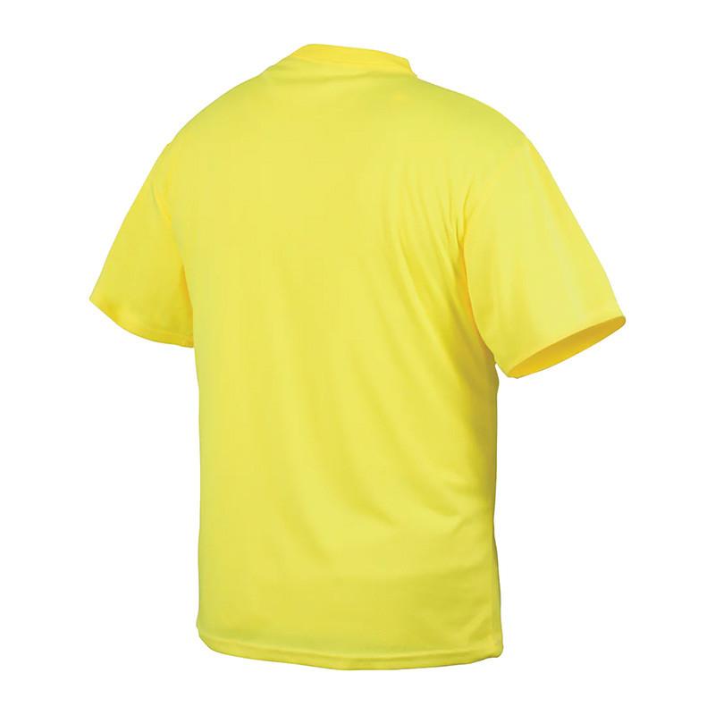 The Pyramex RTS21N Series T-Shirt, by Pyramex Safety, features a simple yellow design with a back view displaying short sleeves and a round neckline. The fabric looks smooth and lightweight, akin to that of a moisture-wicking T-shirt for enhanced comfort.
