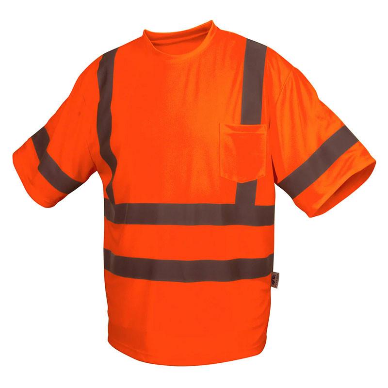 The Pyramex Safety Pyramex Type R - Class 3 Hi-Vis Orange T-Shirt features heat-sealed reflective gray stripes and a chest pocket, making it perfect for maintaining safety in construction or roadwork settings.