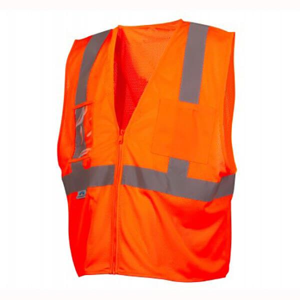 The Pyramex Safety Class 2 Economy Vest with Clear Pocket (RVZ21CP) features bright orange hi-vis color, reflective silver strips, a front zipper, and multiple pockets, meeting ANSI Type R Class 2 standards for workplace visibility.