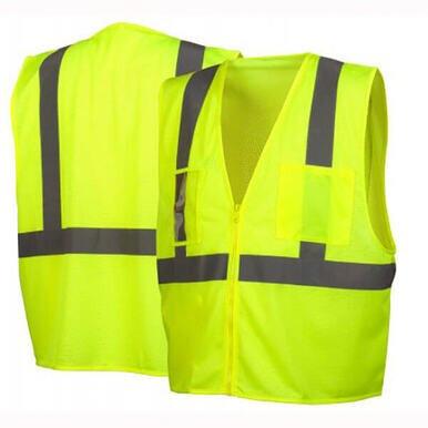 Two Pyramex Safety Class 2 Economy Vests in fluorescent yellow with horizontal and vertical reflective gray stripes, shown front and back. The Pyramex RVZ21CP features a zipper, pockets, clear pocket, and meets ANSI Type R Class 2 standards.