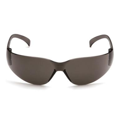 A front view of the Pyramex Intruder Anti-fog Safety Glasses S41_0ST, showcasing sleek black wraparound frames with scratch-resistant lenses and curved temples, set against a white background.