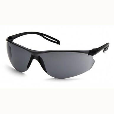 Pyramex Safety Neshoba H2Max Anti-Fog Safety Glasses (S97_0STM, 12/box) feature a sleek black wraparound design with UV protection and dark tinted curved lenses, ideal for sports or outdoor use, shown on a plain white background.