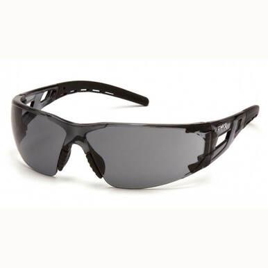 Pyramex Fyxate H2X Anti-Fog Safety Glasses feature a black wraparound design with dark lenses, vented sides, and anti-fog technology for clear vision.