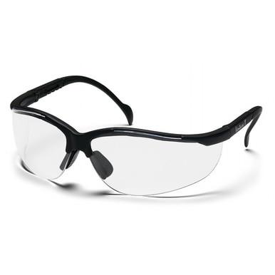 The Pyramex Venture II Safety Glasses, branded by Pyramex Safety, feature black frames with clear, curved lenses. Their wraparound design and slender arms provide full eye coverage and reliable UV protection. Sold as 12 per box.