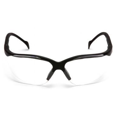 Introducing the Pyramex Venture II Safety Glasses, featuring clear lenses with a black frame in a sleek design. The curved lenses provide UV protection and maintain a lightweight, modern look for optimal eye safety. Available as 12 per box from Pyramex Safety.