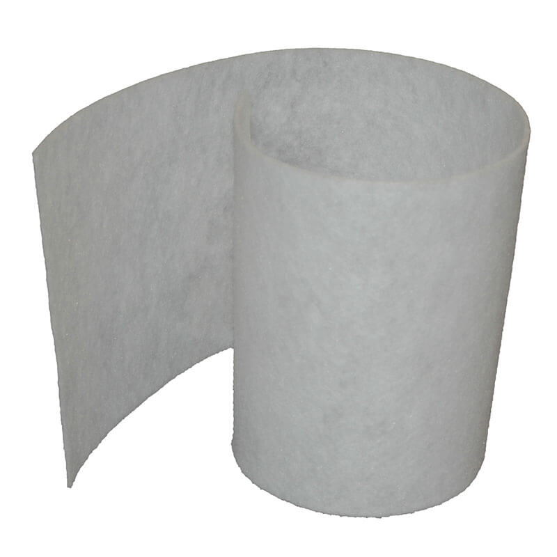 The Austin Air Systems HealthMate Junior Pre-Filter F200, a white non-woven fabric roll, stands upright with one end unrolled and curved outward, displayed against a plain white background.