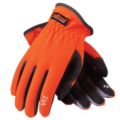 A pair of PIP Maximum Safety Viz Gloves 120-4600 in bright orange with black and gray accents, synthetic leather palm, logo patch on the wrist, and "VIZ" lettering printed on one glove. Brand: PIP.