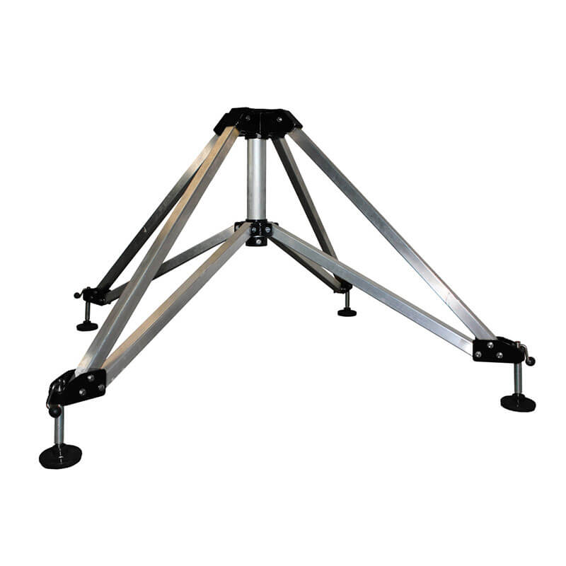 The Frontline Patriot CS Quadpod with 3-Way Retrieval System by Frontline Fall Production features a metallic stand with three adjustable legs and flat feet, offering stable support for equipment in confined space or fall arrest applications.