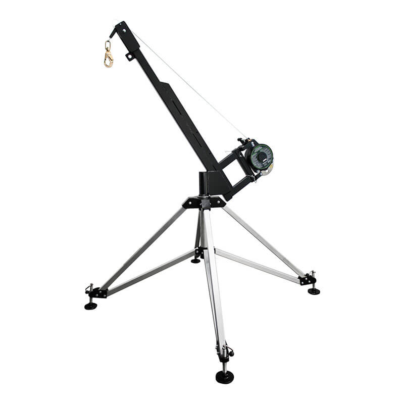 The Frontline Patriot CS Quadpod with 3-Way Retrieval System by Frontline Fall Protection is a portable tripod with adjustable metal legs and a telescoping arm, ideal for lifting small loads or fall arrest in confined spaces.