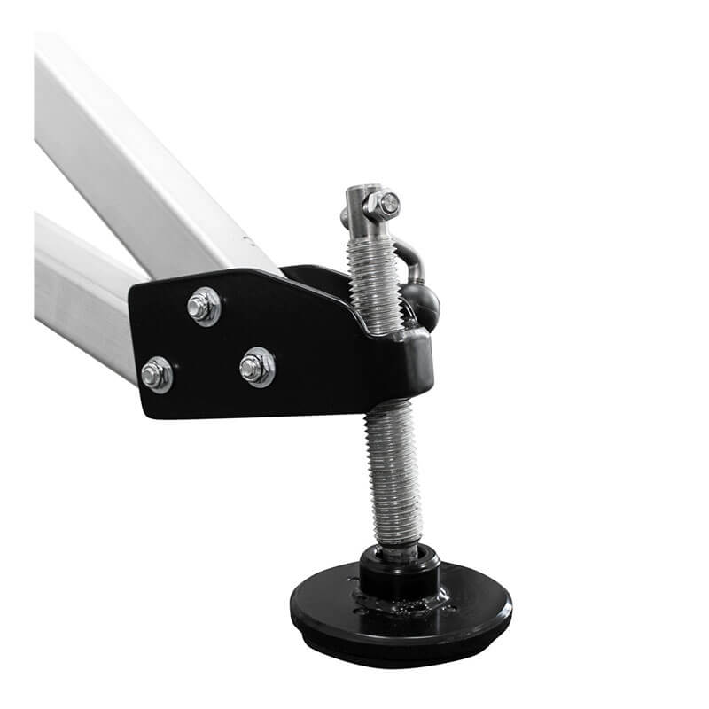 Close-up of a Frontline Fall Protection Patriot CS Quadpod with 3-Way Retrieval System, featuring an adjustable metal leveling foot with a round black base—designed for stability in confined spaces and fall arrest situations.