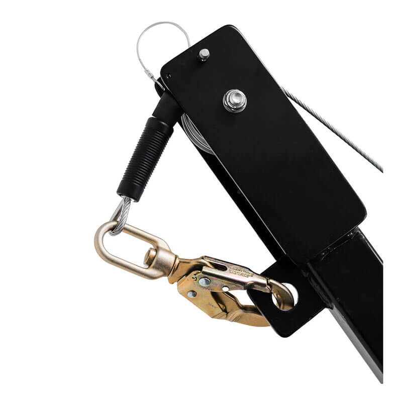 Close-up of the Frontline Patriot CS Quadpod with 3-Way Retrieval System by Frontline Fall Protection—features a black cable winch, coiled wire, spring, and heavy-duty brass swivel hook for fall arrest or confined space use.