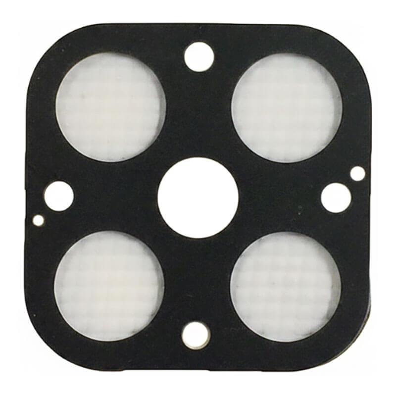 A black square gasket with rounded corners, four large round holes, and three smaller holes. BW Quattro Replacement Quad Sensor Screen (10/Pack) QT-SS-K1 by BW Technologies by Honeywell, shown on a white background.