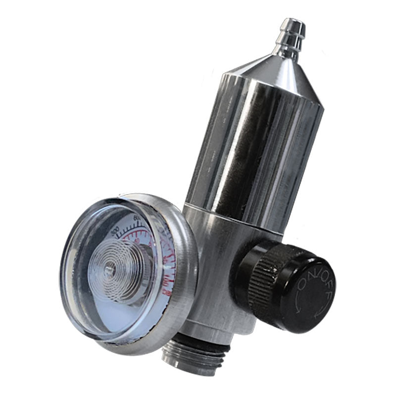 A close-up of a WatchGas SST4 MINI Diffusion Bundle by WatchGas, featuring a metal gas regulator with pressure gauge, ON/OFF knob, and hose nozzle for controlling gas flow during tank or cylinder calibration.