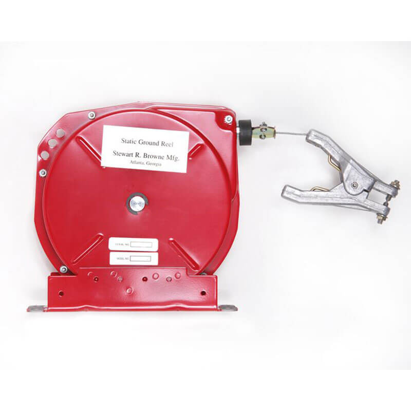 The Stewart R. Browne Retractable Static Grounding Reel, featuring a metal clamp and flat base, is essential for aviation fueling, ensuring safety in the petro-chemical distribution industry by providing effective grounding. Labeled "Stewart R. Browne Mfg., Atlanta, Georgia.