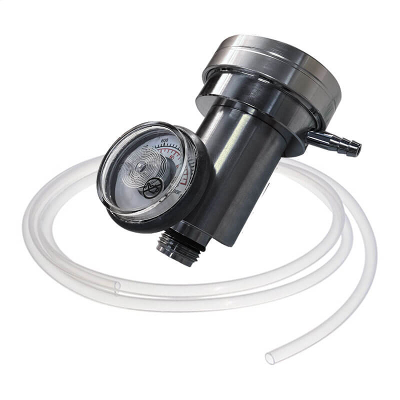 The ISG Demand Flow Regulator w/Tubing from Intermountain Specialty Gases features a threaded connector, clear tubing, and dial gauge—making it ideal for use with a calibration gas regulator.