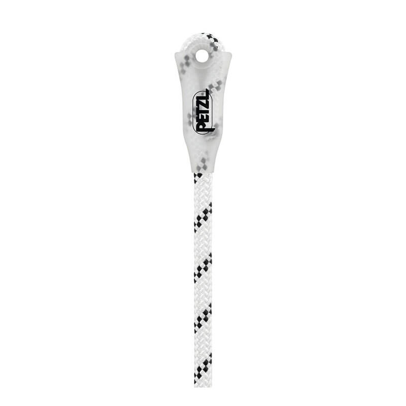 The Petzl AXIS 11 mm With One Sewn Termination R074BB0_ is a white, low-stretch kernmantle rope with black accents and a sewn eye protected by a translucent cover marked "PETZL," ideal for safety lanyards or use with fall arresters.