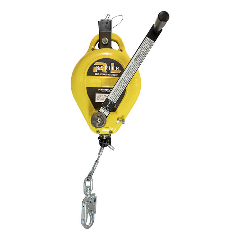 The French Creek Production R50 Series 3-Way Rescue SRL is a yellow self-retracting lifeline with a black label, metal hook, and handle, designed for fall protection in safety harness systems.