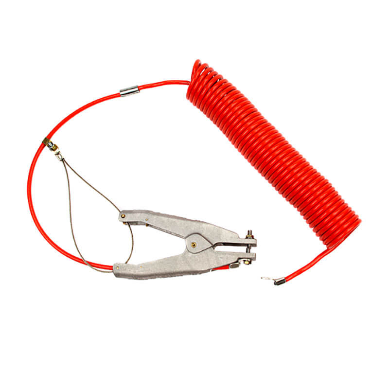 The Stewart R. Browne Retract-a-Clamp RAC features a red coiled cable with a metal alligator clip at one end for grounding or electrical connections, with the large metallic REB2960 clamp ensuring secure connectivity while keeping the cable neatly coiled.