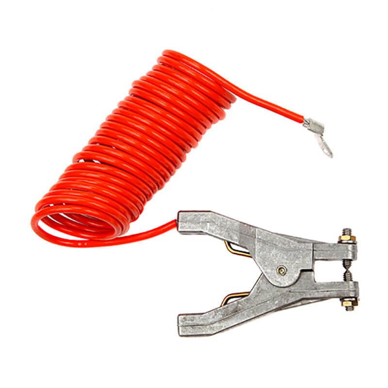 The Stewart R. Browne Retract-a-Clamp RAC features a coiled red static grounding cable with a REB2960 clamp at one end, boasting a sturdy metallic grip design. The cable stays neatly coiled beside the clamp for compact storage when not in use.