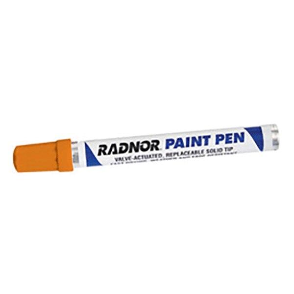 A RADNOR Fiber Tip Paint Pen (12/box) in white, branded by Radnor, comes with a blue label and an orange cap. It highlights the features "valve-activated" and "replaceable solid tip," making it ideal for permanent marking with its high-gloss enamel paint.