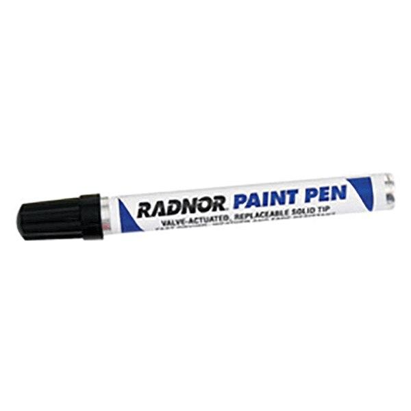 A Radnor Fiber Tip Paint Pen, identifiable by its black cap and white body, displays the text "Radnor Paint Pen" along with "Valve-Actuated, Replaceable Solid Tip." This paint pen utilizes high-gloss enamel paint to provide vibrant and permanent markings.