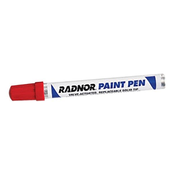 A RADNOR Fiber Tip Paint Pen, featuring a red cap and the text "Radnor" in blue, is positioned horizontally against a plain white background. This paint pen is perfect for permanent marking, utilizing high-gloss enamel paint to deliver vibrant results.