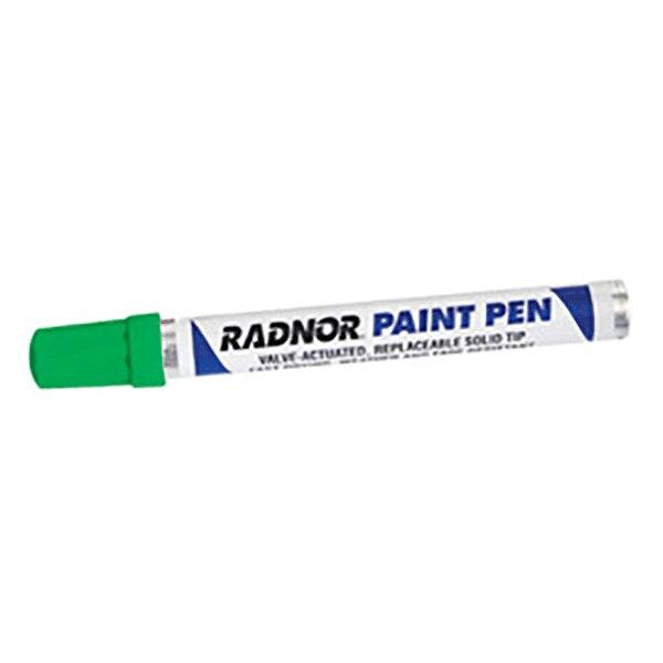 The image displays a Radnor Fiber Tip Paint Pen in green, containing high-gloss enamel paint. This pen is equipped with a valve-activated design and features a replaceable solid tip.