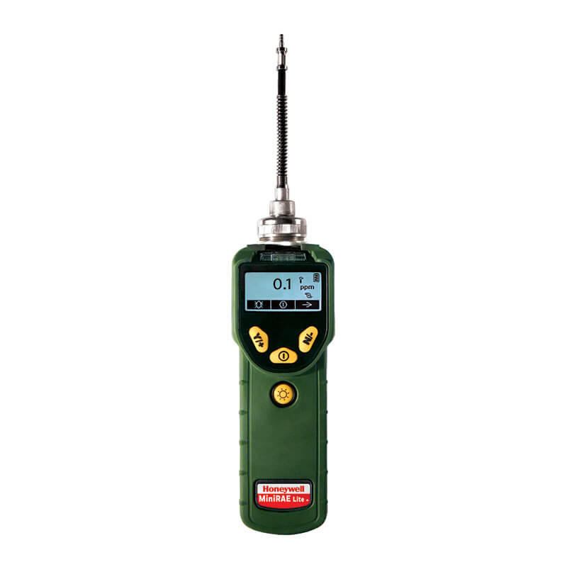 The RAE Systems MiniRAE Lite PID Monitor, with its compact design, showcases a digital screen displaying "0.1 ppm." It features a green body, three yellow control buttons, and a top sensor probe, making it perfect for environmental remediation tasks.
