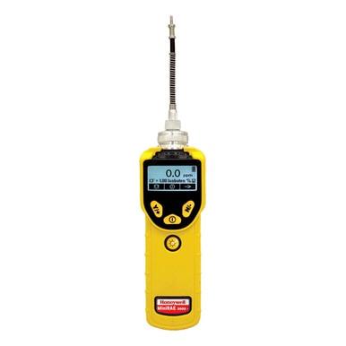 A yellow RAE Systems MiniRAE 3000 PID gas detector is positioned upright against a white background, showcasing a digital display indicating "0.0 ppm" along with several control buttons. A flexible probe is attached to the top of this advanced Photo Ionization Detector from RAE Systems.