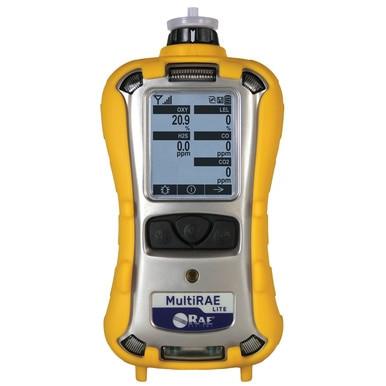 A portable New MultiRAE LITE Monitor by RAE Systems, featuring a yellow protective case, displays gas sensor configurations for oxygen, LEL, H₂S, and CO on its screen in ppm. It comes equipped with buttons and prominently features the RAE Systems logo below.