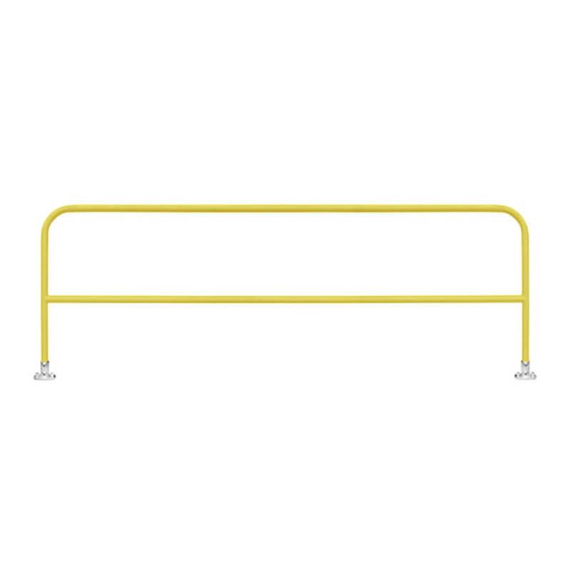 The Frontline Fixed Guardrail System for Concrete/Steel Substrates by Frontline Fall Protection is a yellow metal safety barrier with rounded corners and base plates, offering robust edge protection, shown against a plain white background.
