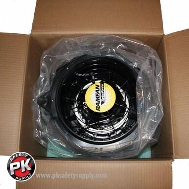 An open cardboard box contains a black Euramco RamFan Intrinsically Safe 12 in. Blower EB7201XX, wrapped in clear plastic. The PK Safety Supply logo and website are printed on the bottom left corner of the box.