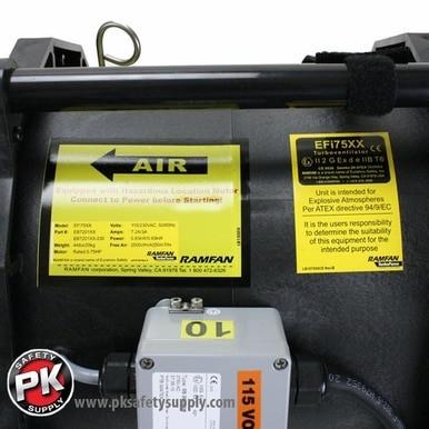 Close-up of a Euramco RamFan Intrinsically Safe 12 in. Blower EB7201XX, featuring a "Hazardous Location Motor" label for safety in explosive atmospheres, visible manufacturer's name, and a switch box with yellow number "10.