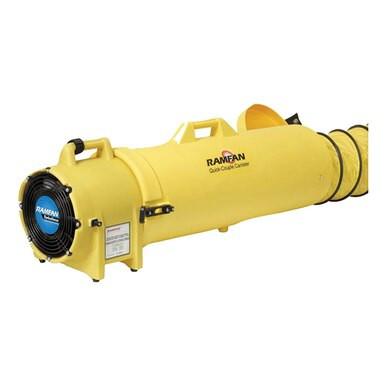 The industrial ventilation blower from Euramco, reminiscent of a RamFan UB20, is yellow with a blue and black circular vent at the front. It is equipped with a handle on the top and an extended flexible, UV-resistant duct attachment at the back. The brand name "Euramco" is displayed on the side.