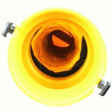 A top-down view of the Euramco RamFan UB20 Blower and Duct/Canister, featuring a UV-resistant yellow exterior with two dark handles on either side. The canister is partially open, revealing its inner layers in orange and black.