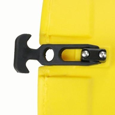 Close-up of a UV-resistant plastic latch or locking mechanism attached to a bright yellow surface, similar to those found on the Euramco RamFan UB20 Blower and Duct/Canister. The latch features a distinctive curved handle and a hole in the center, secured with two silver screws.