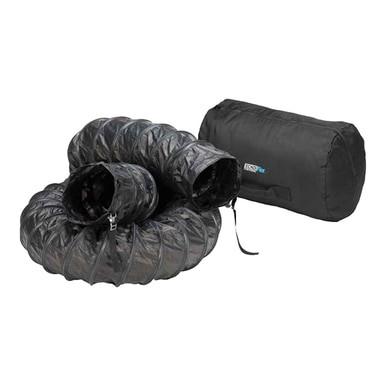 The Euramco Anti-Static Duct - 12", featuring a coiled black design with flame retardant properties and a zippered closure, is ideal for forced ventilation, and it sits beside a black carrying bag on a white background.