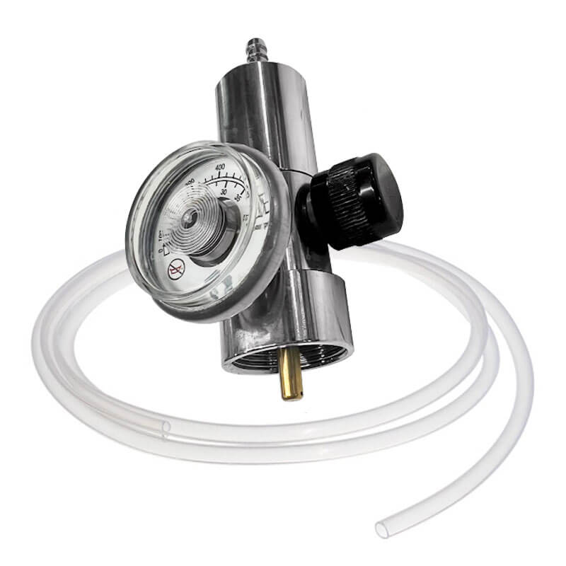 The Intermountain Specialty Gases ISG High Pressure Fixed Flow Regulator (0.5 LPM) with tubing features a round gauge, black adjustment knob, and clear flexible tube for precise gas flow control.