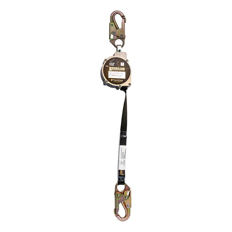 The French Creek Production Renegade 13 Ft Self-Retracting Lifeline features a durable black housing, metal snap hooks at both ends, and a black webbing strap—ideal for reliable fall protection and safety on the job.