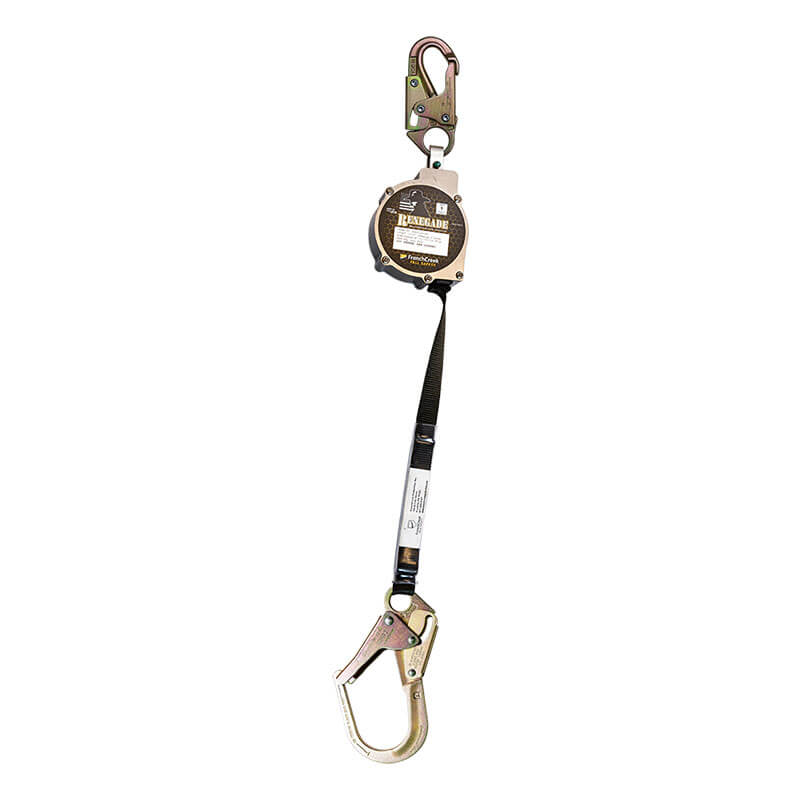 The French Creek Production Renegade 13 Ft Self-Retracting Lifeline offers reliable fall protection with durable black webbing and metal snap hooks, ideal for construction or industrial job sites.