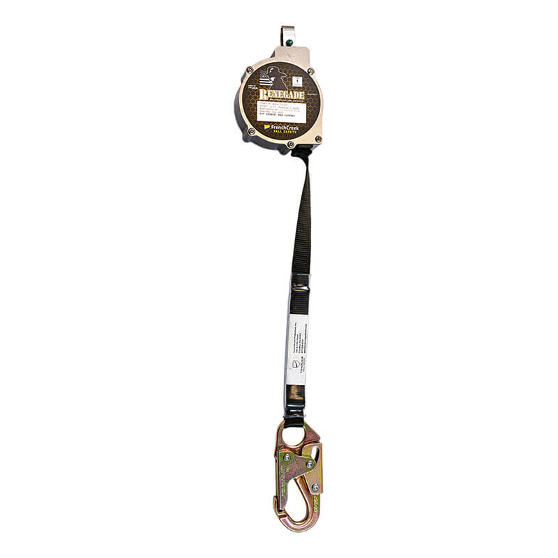 The French Creek Production Renegade 13 Ft Self-Retracting Lifeline offers a sturdy metal housing, black webbing strap, and large snap hook for dependable fall protection on construction and safety jobs.