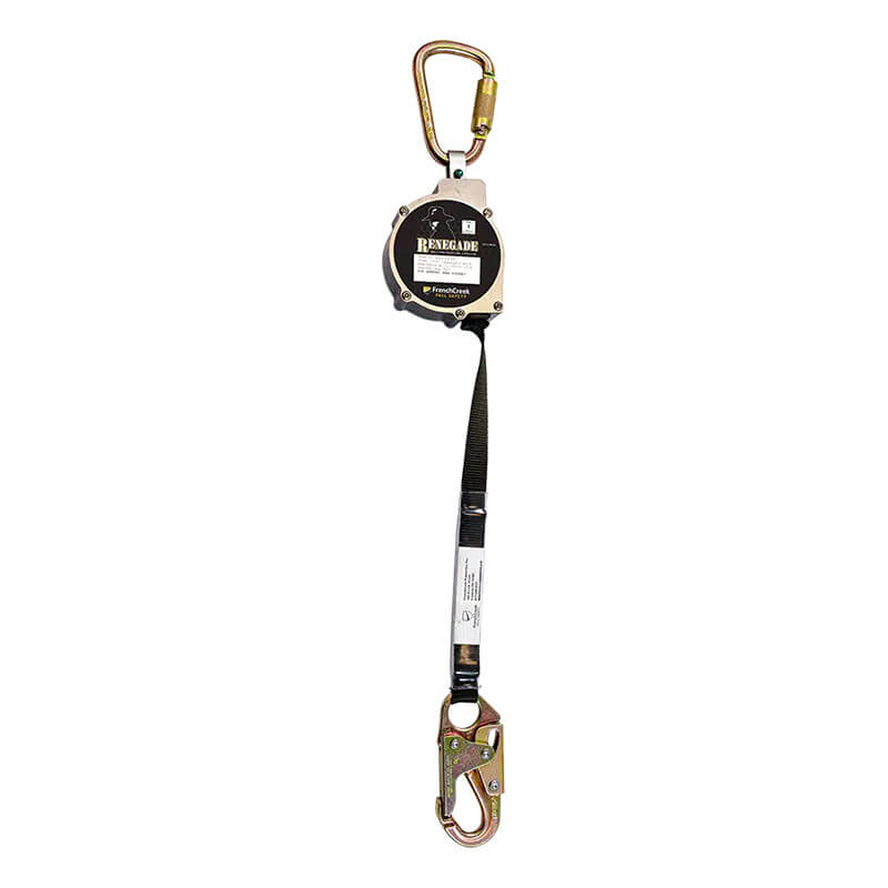 The French Creek Production Renegade SRL RG3-13-0Z features a black "Renegade" housing, top carabiner, webbing strap with metal snap hook, providing OSHA-compliant fall protection.