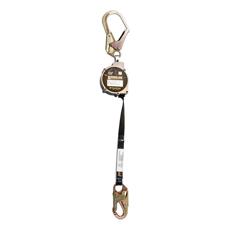 The French Creek Production Renegade 13 Ft Self-Retracting Lifeline features metal snap hooks at both ends and a retractable black housing, providing reliable fall arrest for safety harness systems. Custom-made for maximum protection.
